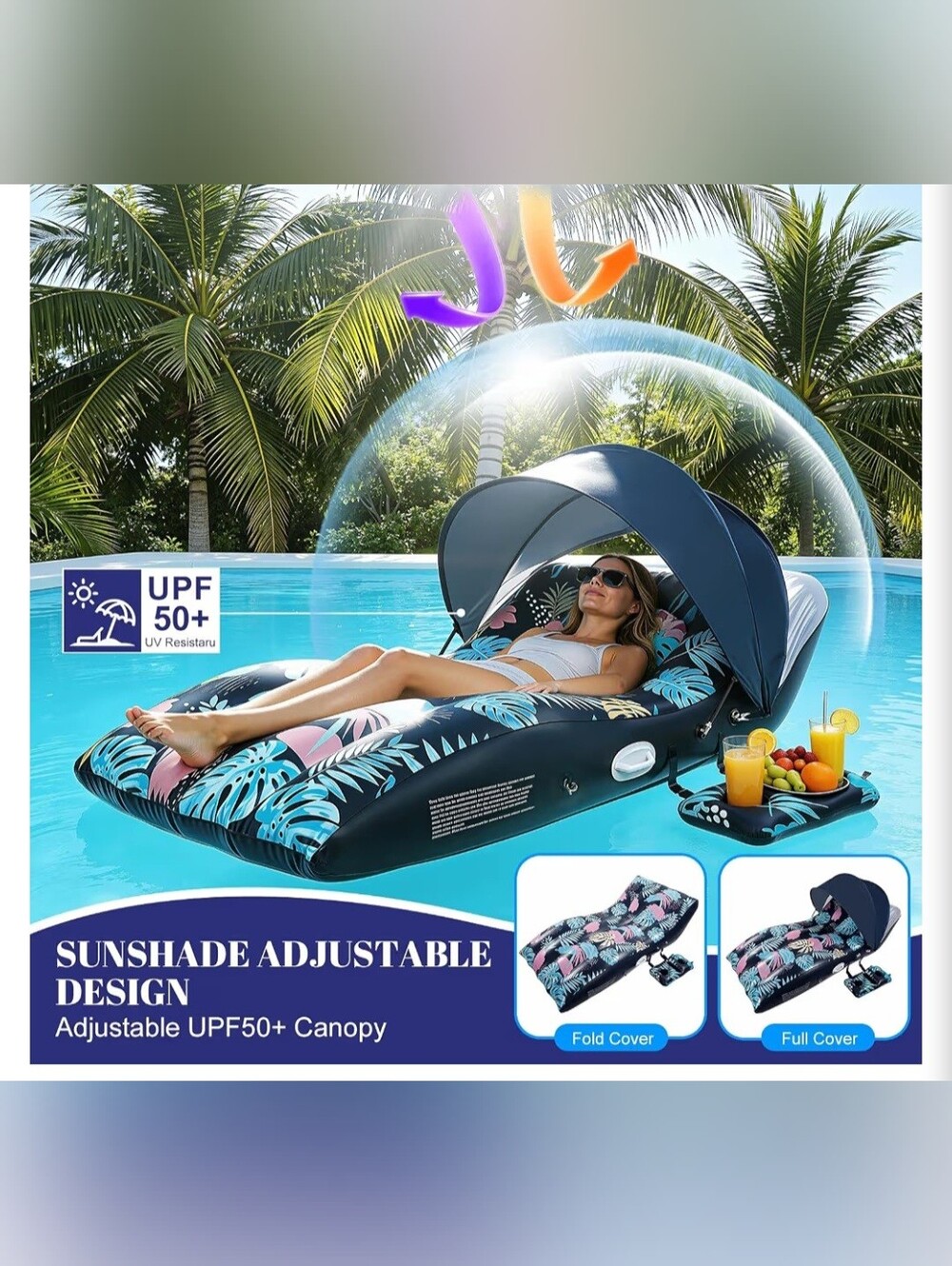 EUC Inflatable Ergonomic Adult Beach Lounger Tropical Leaf Print, Navy Pink Teal - Picture 4 of 15